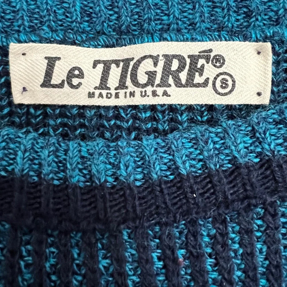 Le Tigre Mens Vintage Crewneck‎ Sweater Navy Teal Blue 90s USA Size S Fits XL